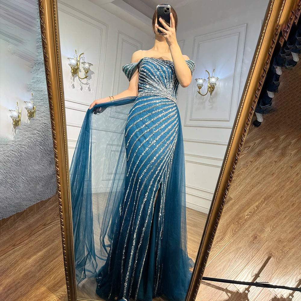 Serene Hill Blue Sexy Boat Neck Split Mermaid Elegant Beaded Arabic Evening Dresses Gowns Customize Wedding Party 2025 BLA71858