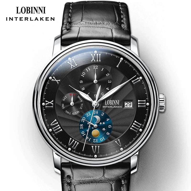 LOBINNI Men Watches Fashion Brand wrist watch Seagull Automatic Mechanical Clock Sapphire Moon Phase relogio masculino L1023B-2