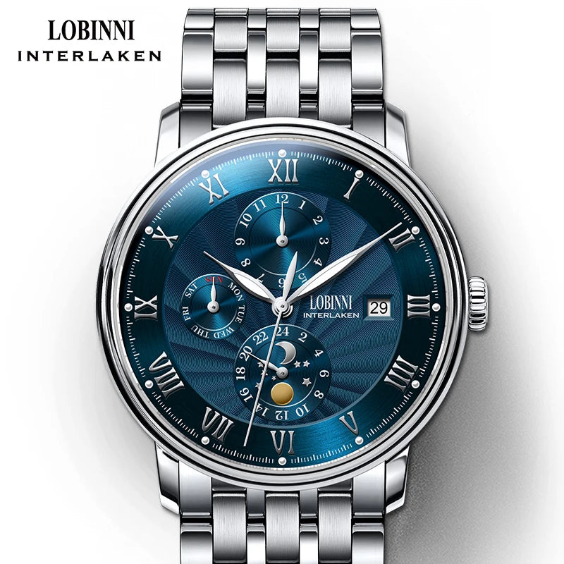 LOBINNI Men Watches Fashion Brand wrist watch Seagull Automatic Mechanical Clock Sapphire Moon Phase relogio masculino L1023B-2