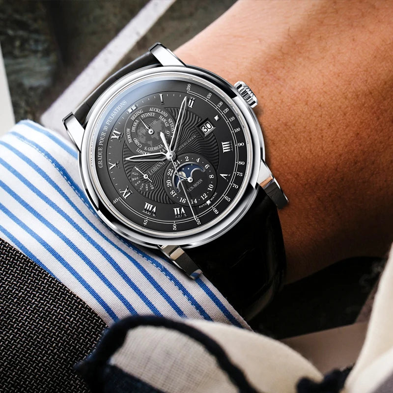 Switzerland LOBINNI Men Watch Luxury Brand Moon Phase Automatic Mechanical Men's Wirstwatches Sapphire Leather Seagull Movement