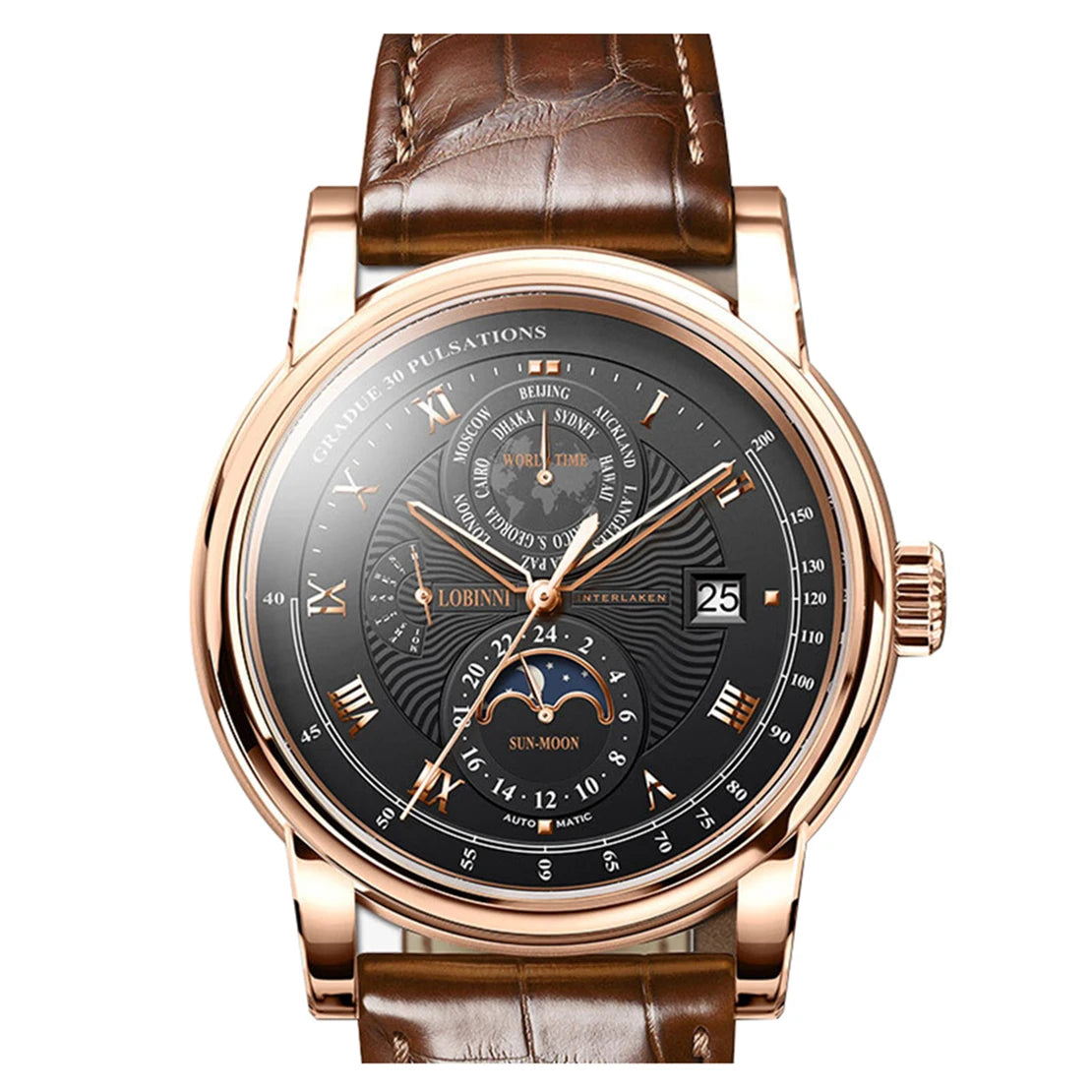 Switzerland LOBINNI Men Watch Luxury Brand Moon Phase Automatic Mechanical Men's Wirstwatches Sapphire Leather Seagull Movement