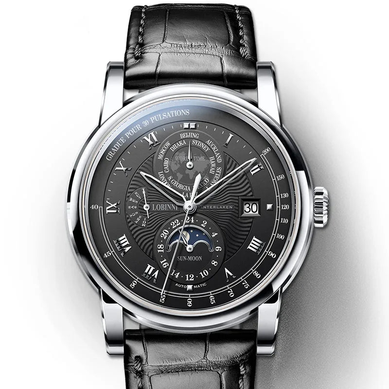 Switzerland LOBINNI Men Watch Luxury Brand Moon Phase Automatic Mechanical Men's Wirstwatches Sapphire Leather Seagull Movement