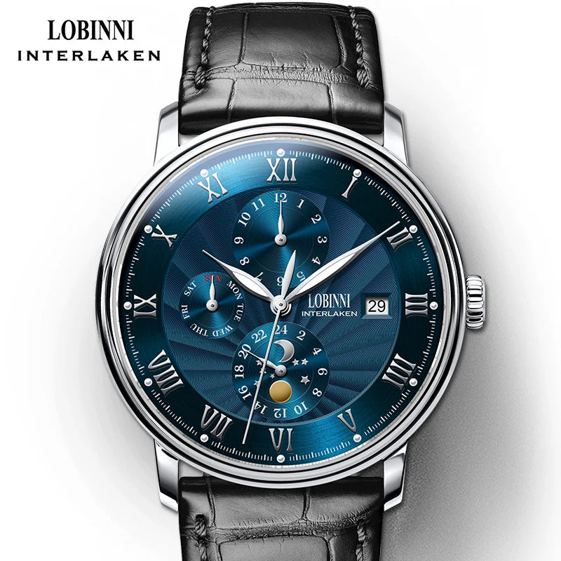LOBINNI Men Watches Fashion Brand wrist watch Seagull Automatic Mechanical Clock Sapphire Moon Phase relogio masculino L1023B-2