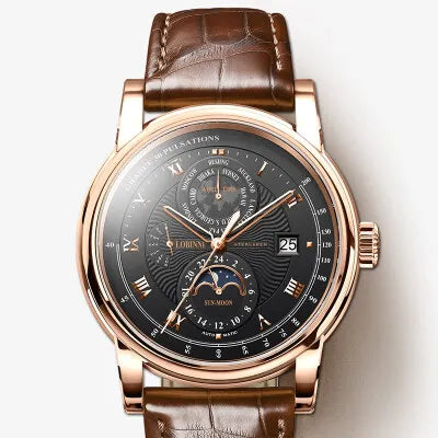 LOBINNI Luxury Brand Seagull ST16K3-3A Automatic Mechanical Men's Watches Sapphire World Time Moon Phase Waterproof Clock L16003