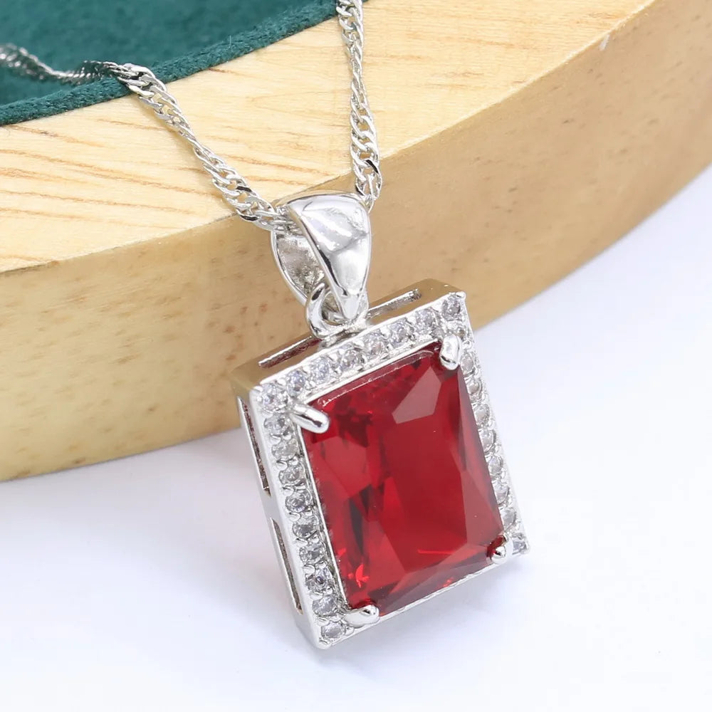 Noble Red Ruby 925 Sterling Silver Jewelry Sets For Women Wedding Bracelet Long Earrings Necklace pendant Ring Christmas Gift