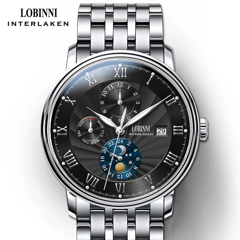 LOBINNI Men Watches Fashion Brand wrist watch Seagull Automatic Mechanical Clock Sapphire Moon Phase relogio masculino L1023B-2