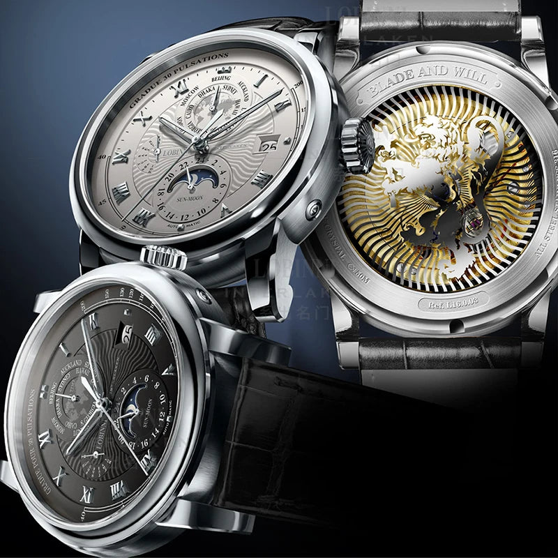 LOBINNI Luxury Brand Seagull ST16K3-3A Automatic Mechanical Men's Watches Sapphire World Time Moon Phase Waterproof Clock L16003
