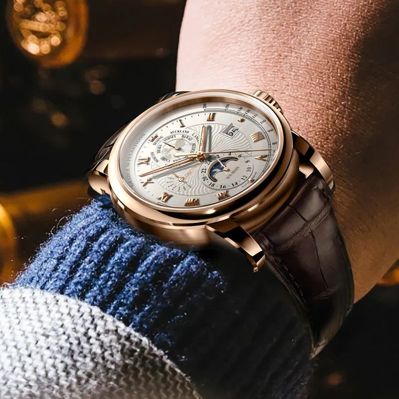 LOBINNI Luxury Brand Seagull ST16K3-3A Automatic Mechanical Men's Watches Sapphire World Time Moon Phase Waterproof Clock L16003