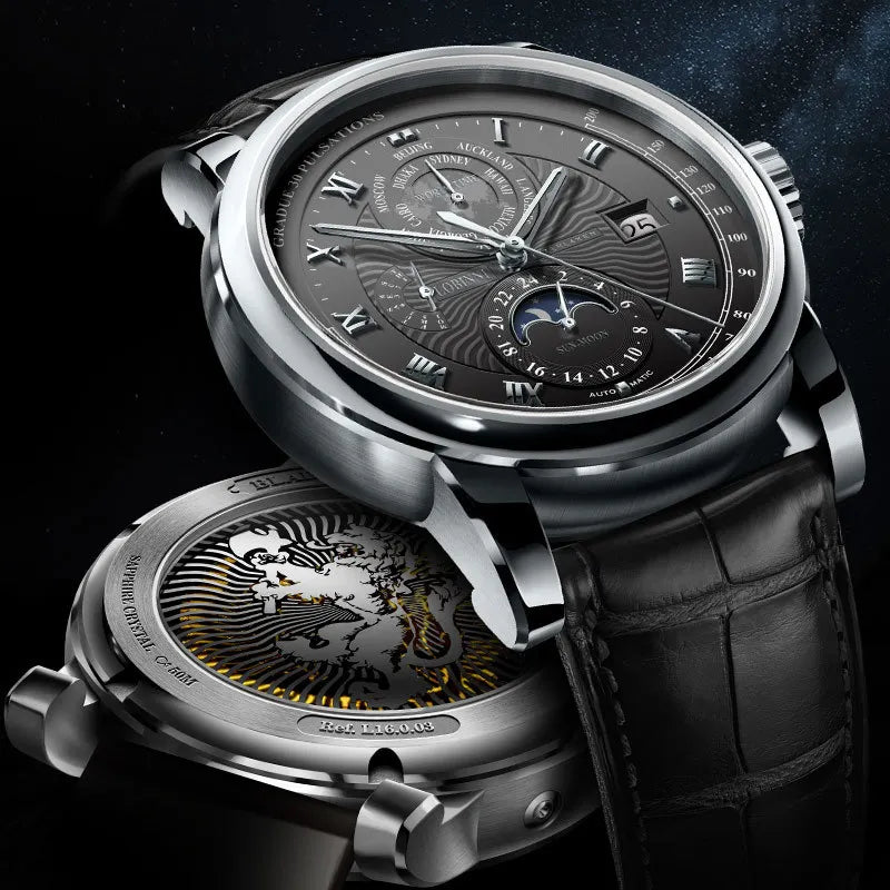 LOBINNI Luxury Brand Seagull ST16K3-3A Automatic Mechanical Men's Watches Sapphire World Time Moon Phase Waterproof Clock L16003