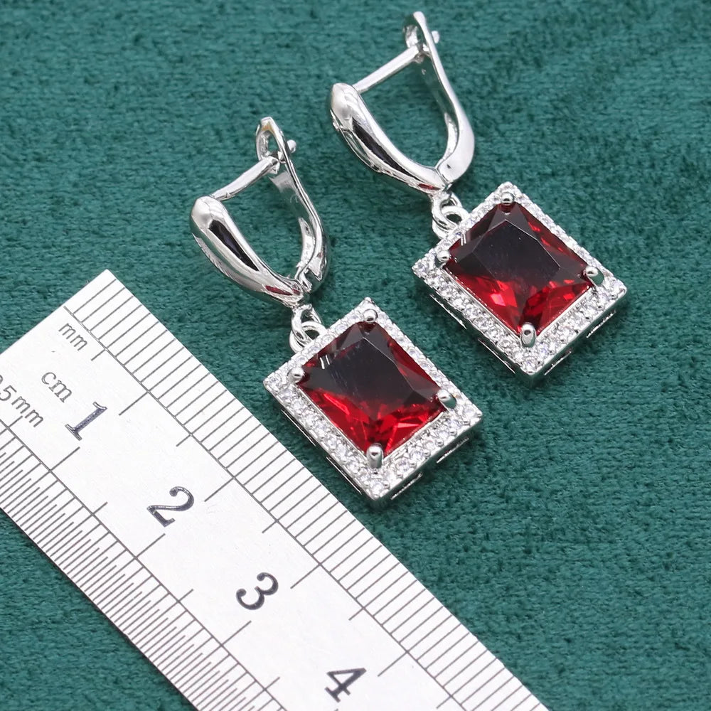 Noble Red Ruby 925 Sterling Silver Jewelry Sets For Women Wedding Bracelet Long Earrings Necklace pendant Ring Christmas Gift