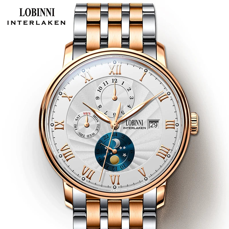 LOBINNI Men Watches Fashion Brand wrist watch Seagull Automatic Mechanical Clock Sapphire Moon Phase relogio masculino L1023B-2