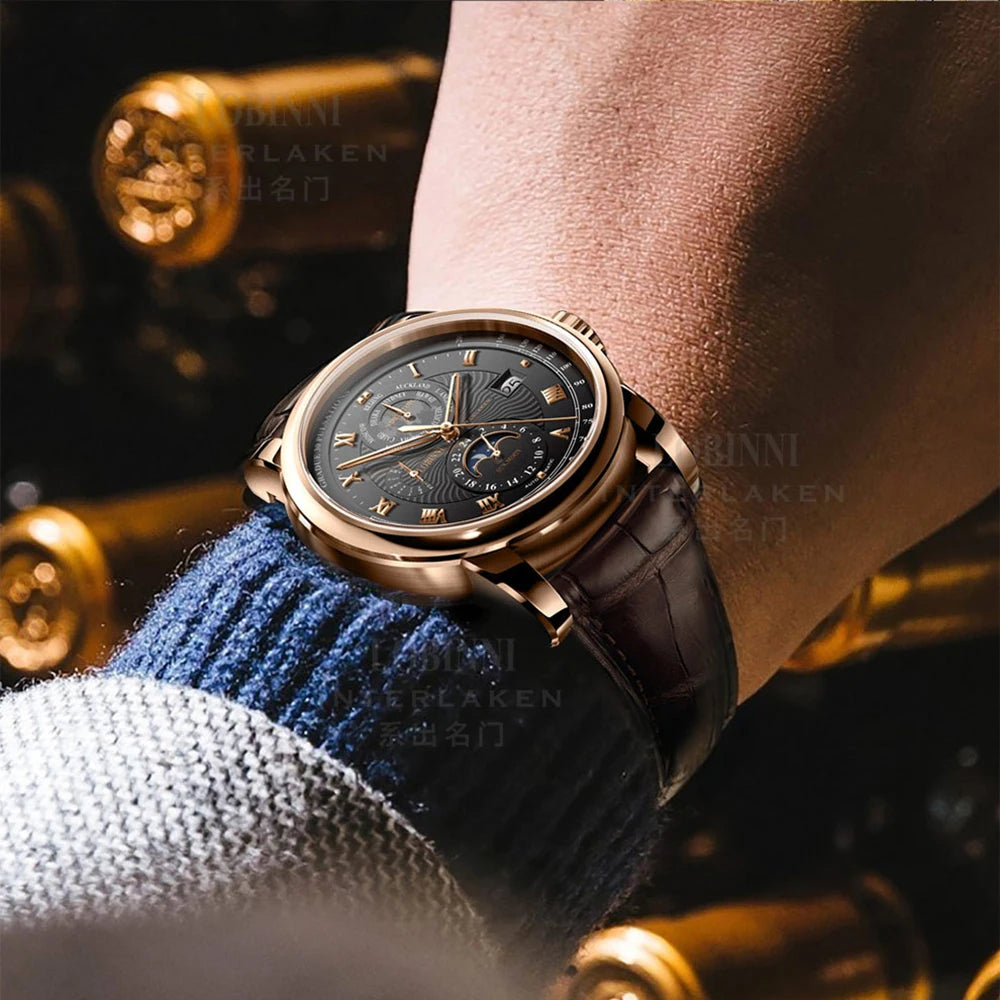 Switzerland LOBINNI Men Watch Luxury Brand Moon Phase Automatic Mechanical Men's Wirstwatches Sapphire Leather Seagull Movement