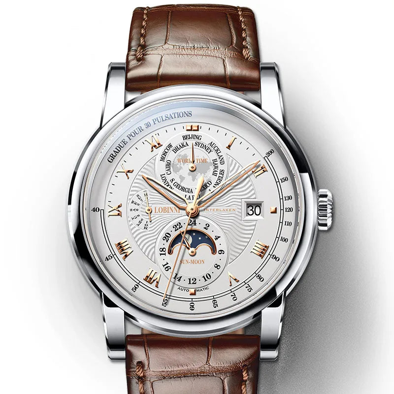 Switzerland LOBINNI Men Watch Luxury Brand Moon Phase Automatic Mechanical Men's Wirstwatches Sapphire Leather Seagull Movement