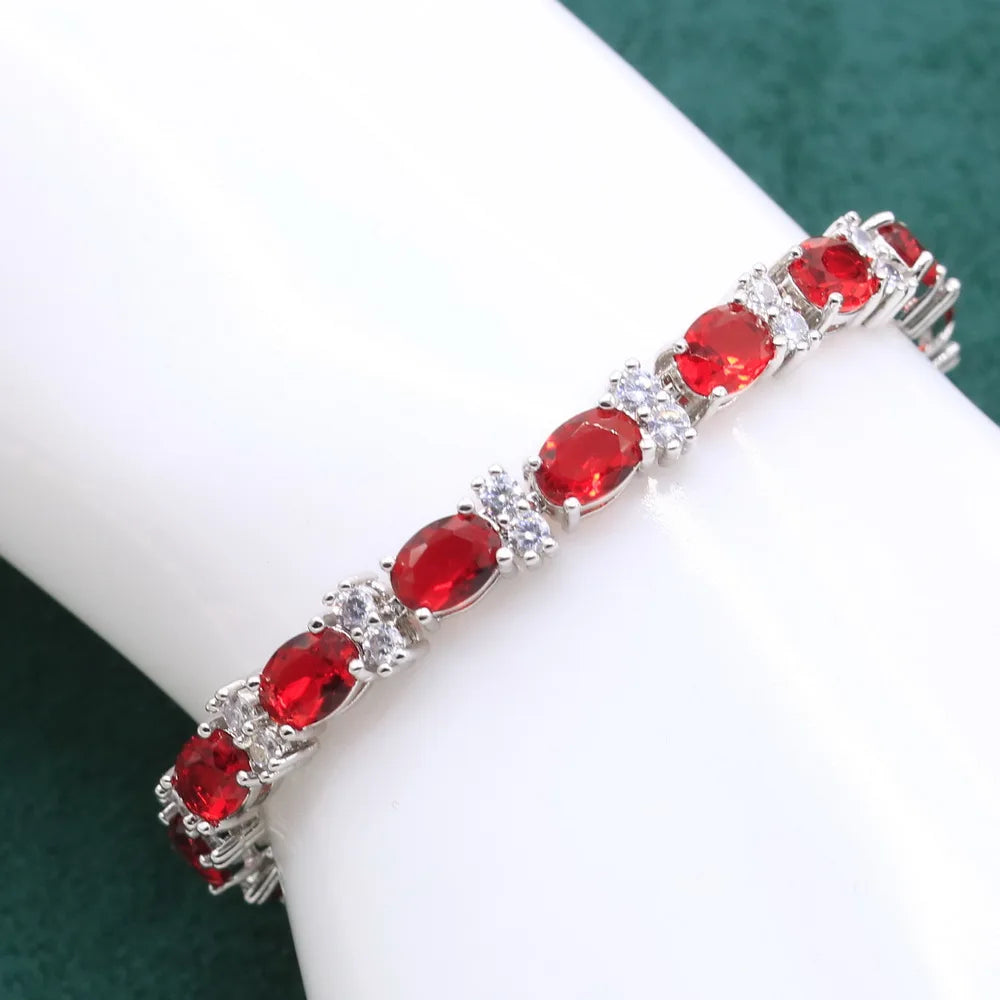 Noble Red Ruby 925 Sterling Silver Jewelry Sets For Women Wedding Bracelet Long Earrings Necklace pendant Ring Christmas Gift