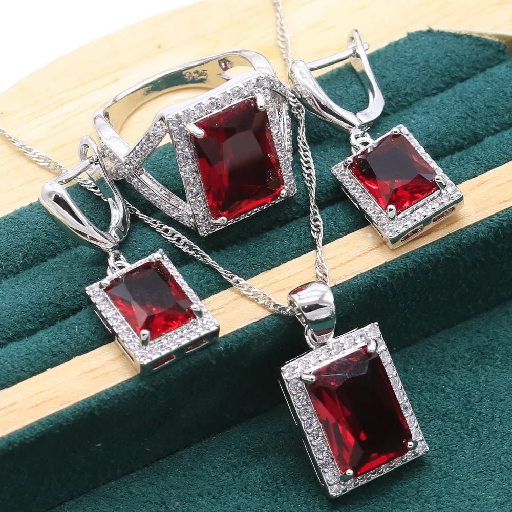 Noble Red Ruby 925 Sterling Silver Jewelry Sets For Women Wedding Bracelet Long Earrings Necklace pendant Ring Christmas Gift