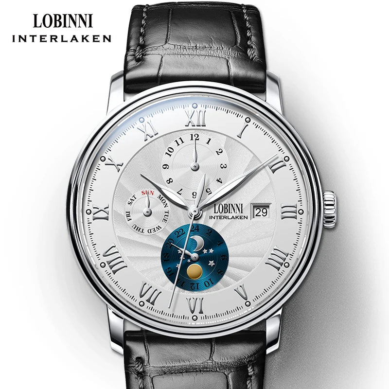 LOBINNI Men Watches Fashion Brand wrist watch Seagull Automatic Mechanical Clock Sapphire Moon Phase relogio masculino L1023B-2