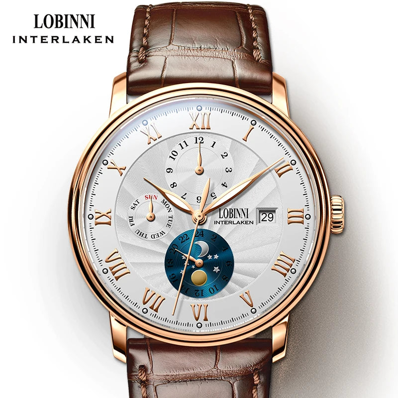 LOBINNI Men Watches Fashion Brand wrist watch Seagull Automatic Mechanical Clock Sapphire Moon Phase relogio masculino L1023B-2