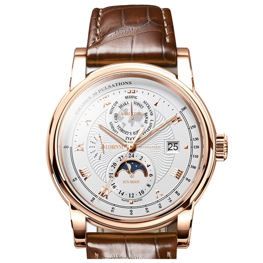 Switzerland LOBINNI Men Watch Luxury Brand Moon Phase Automatic Mechanical Men's Wirstwatches Sapphire Leather Seagull Movement