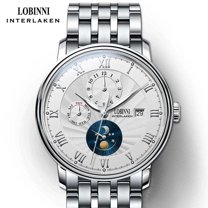 LOBINNI Men Watches Fashion Brand wrist watch Seagull Automatic Mechanical Clock Sapphire Moon Phase relogio masculino L1023B-2