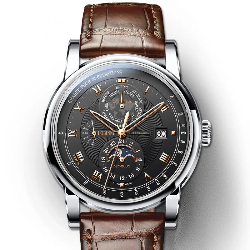 Switzerland LOBINNI Men Watch Luxury Brand Moon Phase Automatic Mechanical Men's Wirstwatches Sapphire Leather Seagull Movement
