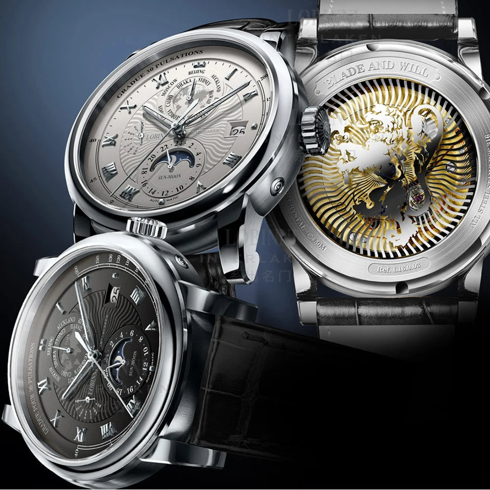 Switzerland LOBINNI Men Watch Luxury Brand Moon Phase Automatic Mechanical Men's Wirstwatches Sapphire Leather Seagull Movement