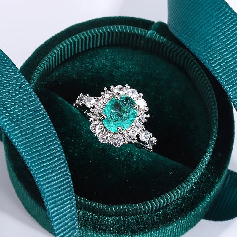 Exquisite Paraiba Green High Carbon Diamond 925 Silver Plated Ring for Women Double Crystal Anniversary Gift Party Jewelry