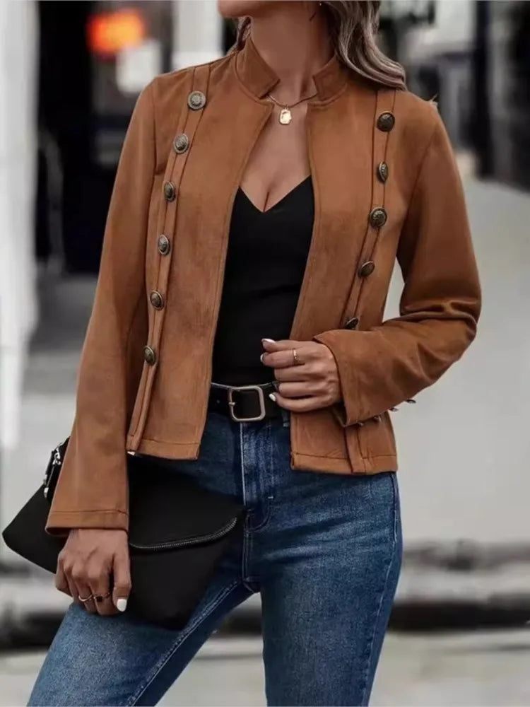 Spring Auutmn Jacket Blazer Coat Double-breasted Stand Collar Buttons Slim Long Sleeves Retro Cardigan Women Outdoor Suit Jacket