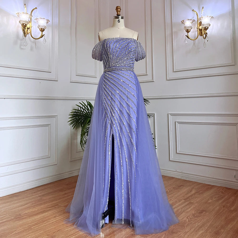 Serene Hill Blue Sexy Boat Neck Split Mermaid Elegant Beaded Arabic Evening Dresses Gowns Customize Wedding Party 2025 BLA71858