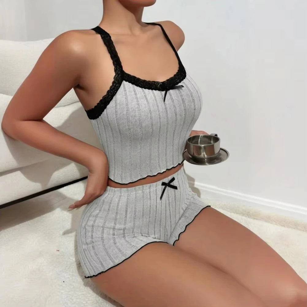 Suit Suspender Shorts Sexy Bow Print Milk Silk Suit Comfortable Home Wear Women's Pajama Suit