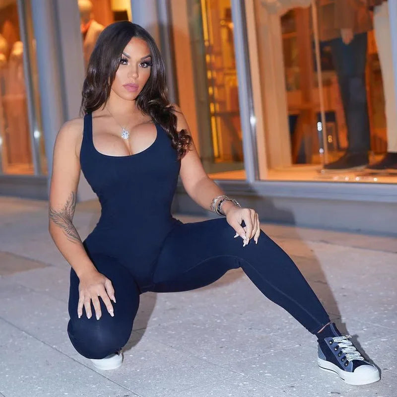 Summer Sexy One Piece Jumpsuit Women Solid Slim Spring Bodycon Backless Sports Fitness Playsuit Sleeveless Romper Female