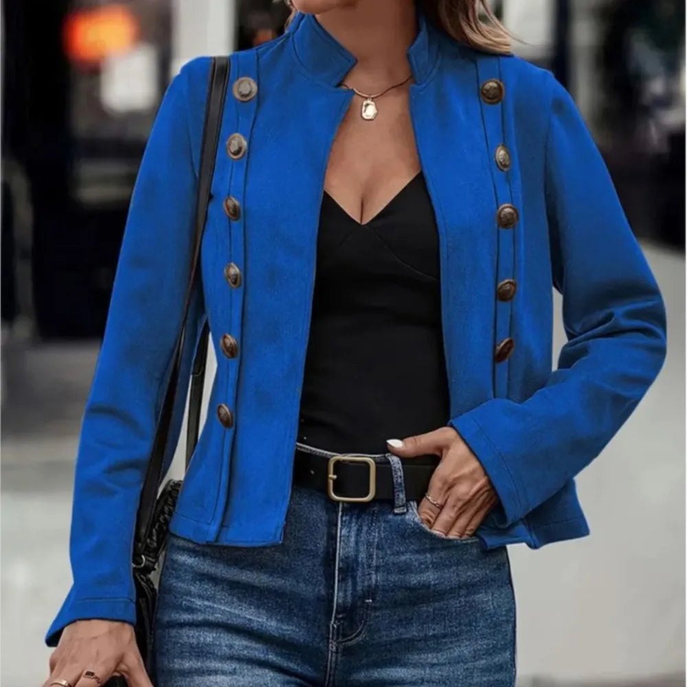 Spring Auutmn Jacket Blazer Coat Double-breasted Stand Collar Buttons Slim Long Sleeves Retro Cardigan Women Outdoor Suit Jacket