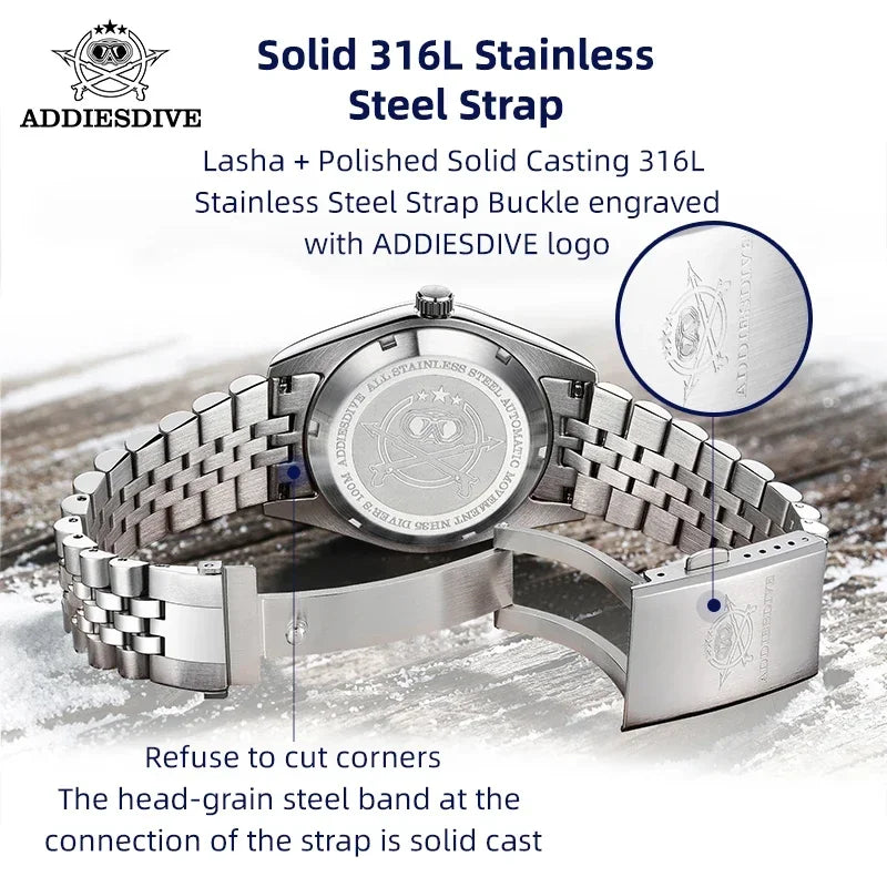 ADDIESDIVE Automatic Mechanical Watch Man European American Business Leisure Wristwatch Luxury Silver Luminous Waterproof Watch