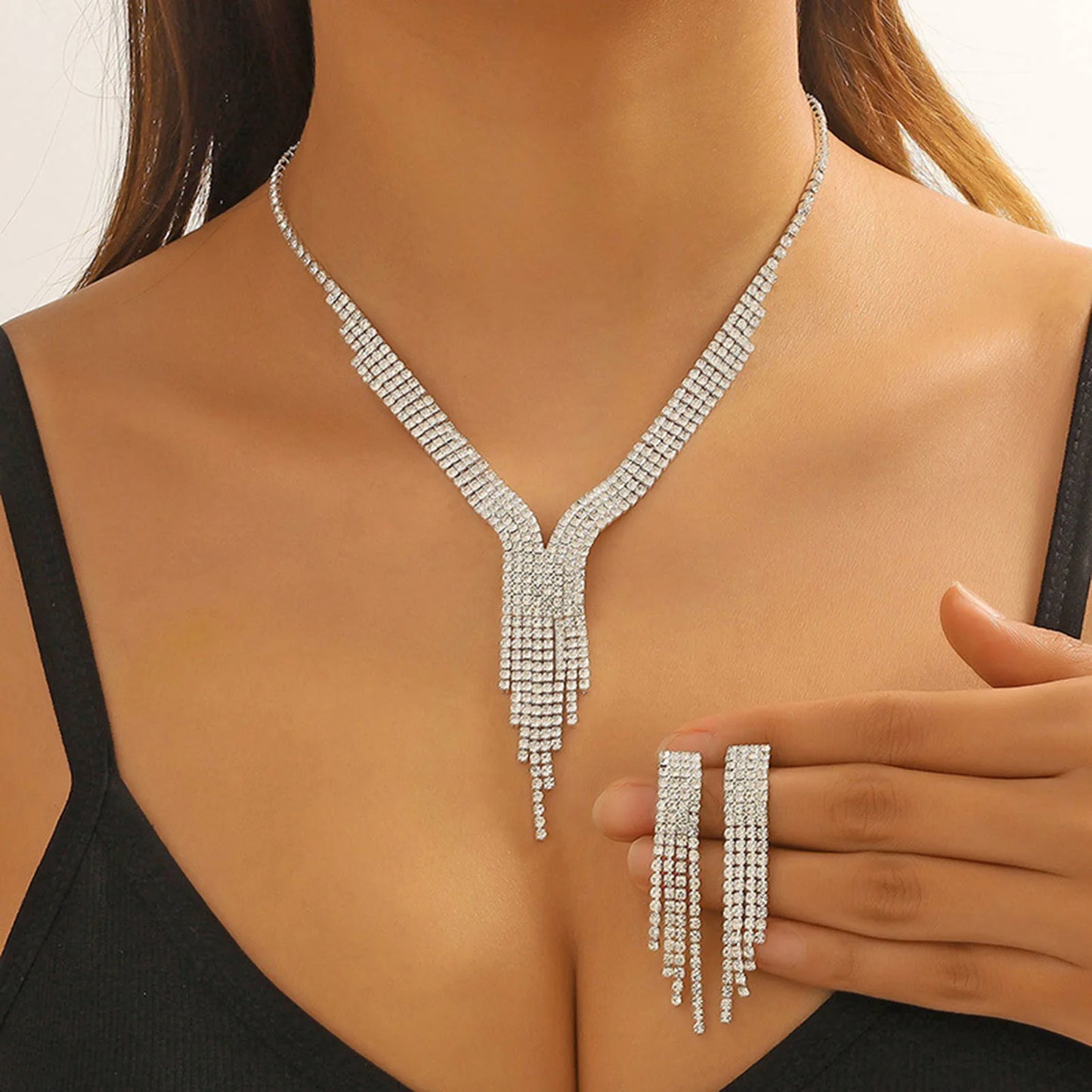 2pcs Women Jewelry Rhinestone Necklace Set French Vintage Earring Necklace Bride Wedding Photo Accessories For Bridesmaids Gifts