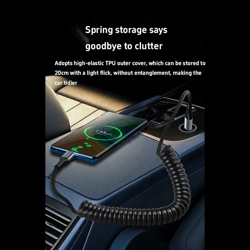 120W 6A USB Type C Data Cable Spring Telescopic Car Phone Charger USB C To Type C PD Fast Charging Cable for iPhone 15/14/13/12