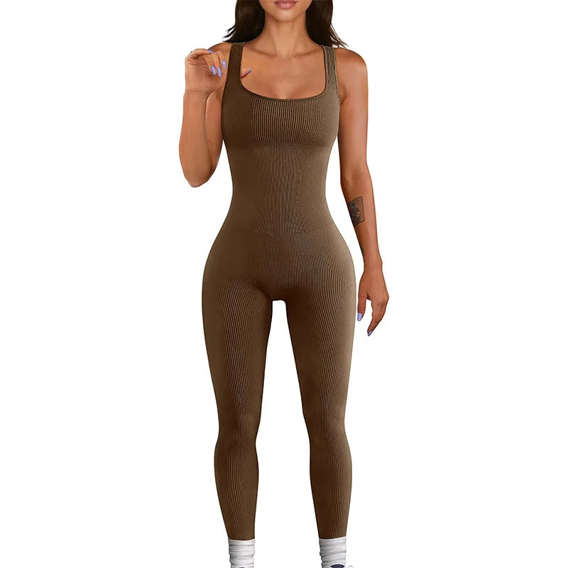 Women's Sleeveless Yoga Jumpsuit Exercise Ribbed Square Neck Vest High Waist Fitness Sports One-piece Yoga Suit