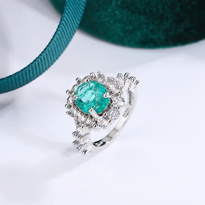 Exquisite Paraiba Green High Carbon Diamond 925 Silver Plated Ring for Women Double Crystal Anniversary Gift Party Jewelry