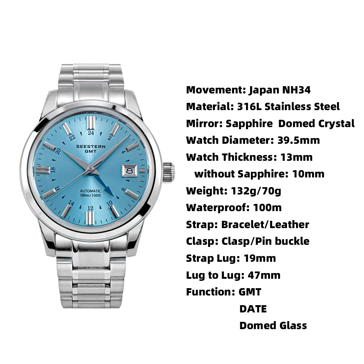 SEESTERN Men's Automatic Mechanical Wristwatch NH34 GMT Movement 10bar Waterproof Domed Sapphire Crystal Watch Limited S446 New