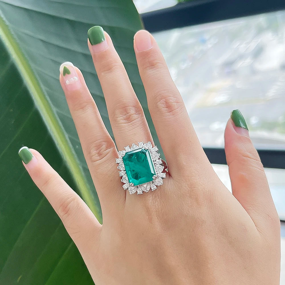 OEVAS 100% 925 Sterling Silver 12*15 Synthetic Emerald High Carbon Diamond Rings For Women Sparkling Wed Party Fine Jewelry Gift
