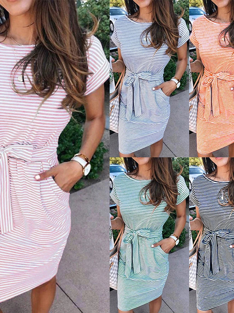 Summer Casual Stripe Women Tshirt Dress Elegant O Neck Short Sleeve Sashes Pocket Black Pink Sundress Cotton Midi Dress