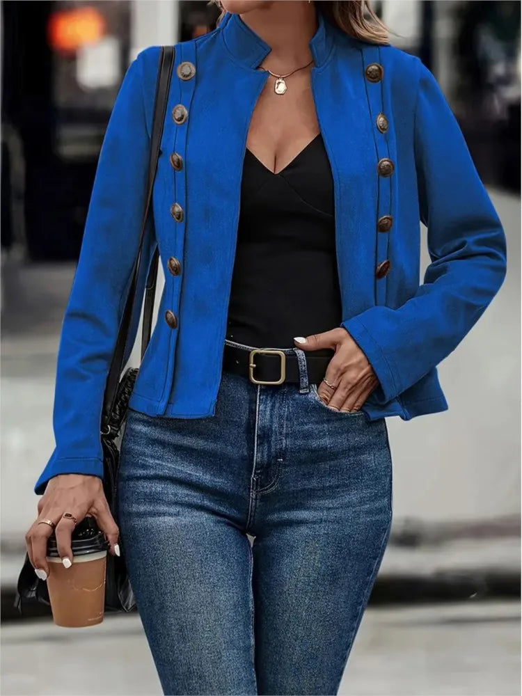 Spring Auutmn Jacket Blazer Coat Double-breasted Stand Collar Buttons Slim Long Sleeves Retro Cardigan Women Outdoor Suit Jacket