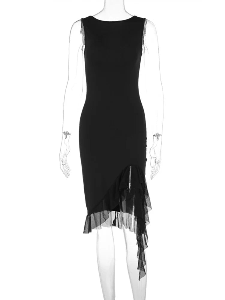 Women Maxi Dress Summer Elegant Solid Sleeveless Nipped Waist Slim Backless Ruffled Irregular Party Dresses Streetwear