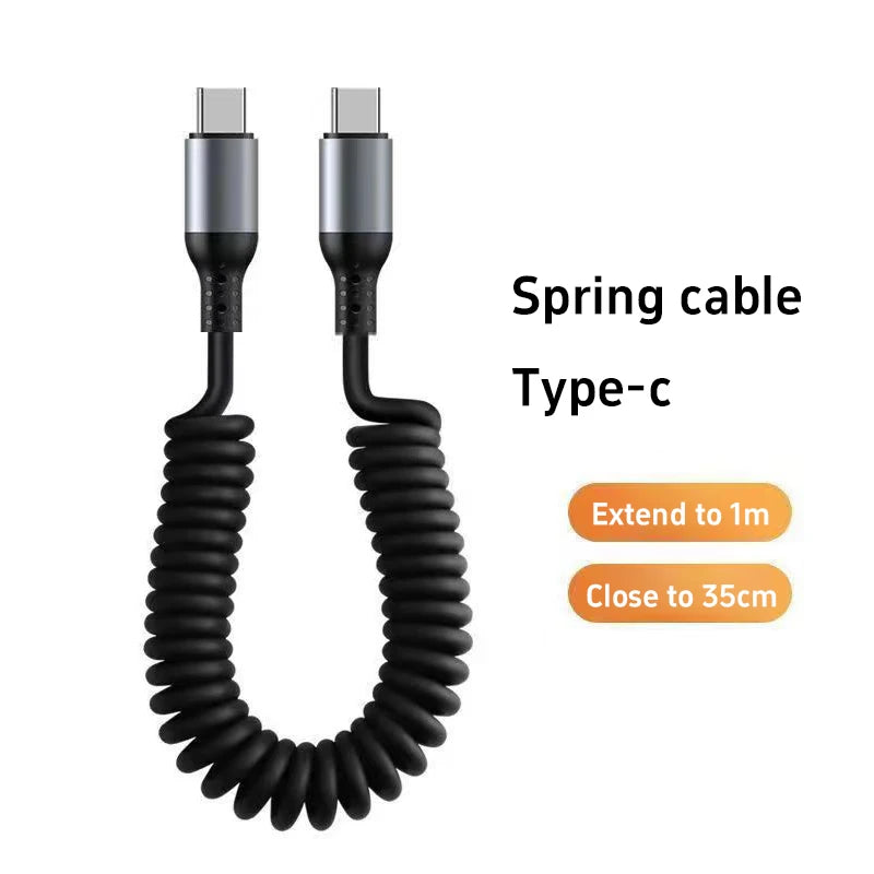 120W 6A USB Type C Data Cable Spring Telescopic Car Phone Charger USB C To Type C PD Fast Charging Cable for iPhone 15/14/13/12