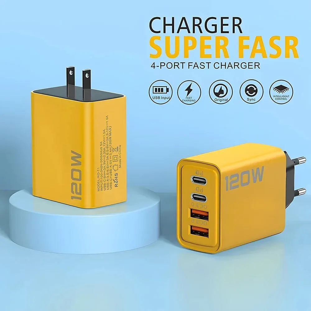 Total 120W USB Fast Charger 4Port PD Quick Charging USB 3.0 Type C EU US Plug Charger For Xiaomi iPhone 15 Pro Max Wall Adapter
