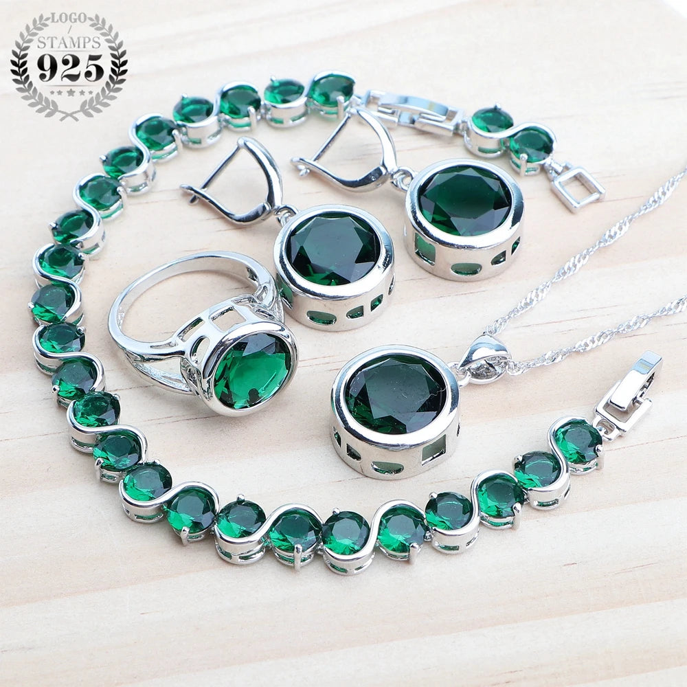 925 Sterling Silver Jewelry Sets Bridal Women Natural Magic Rainbow Zircon Earrings Ring Bracelets Pendant Wedding Necklace Set