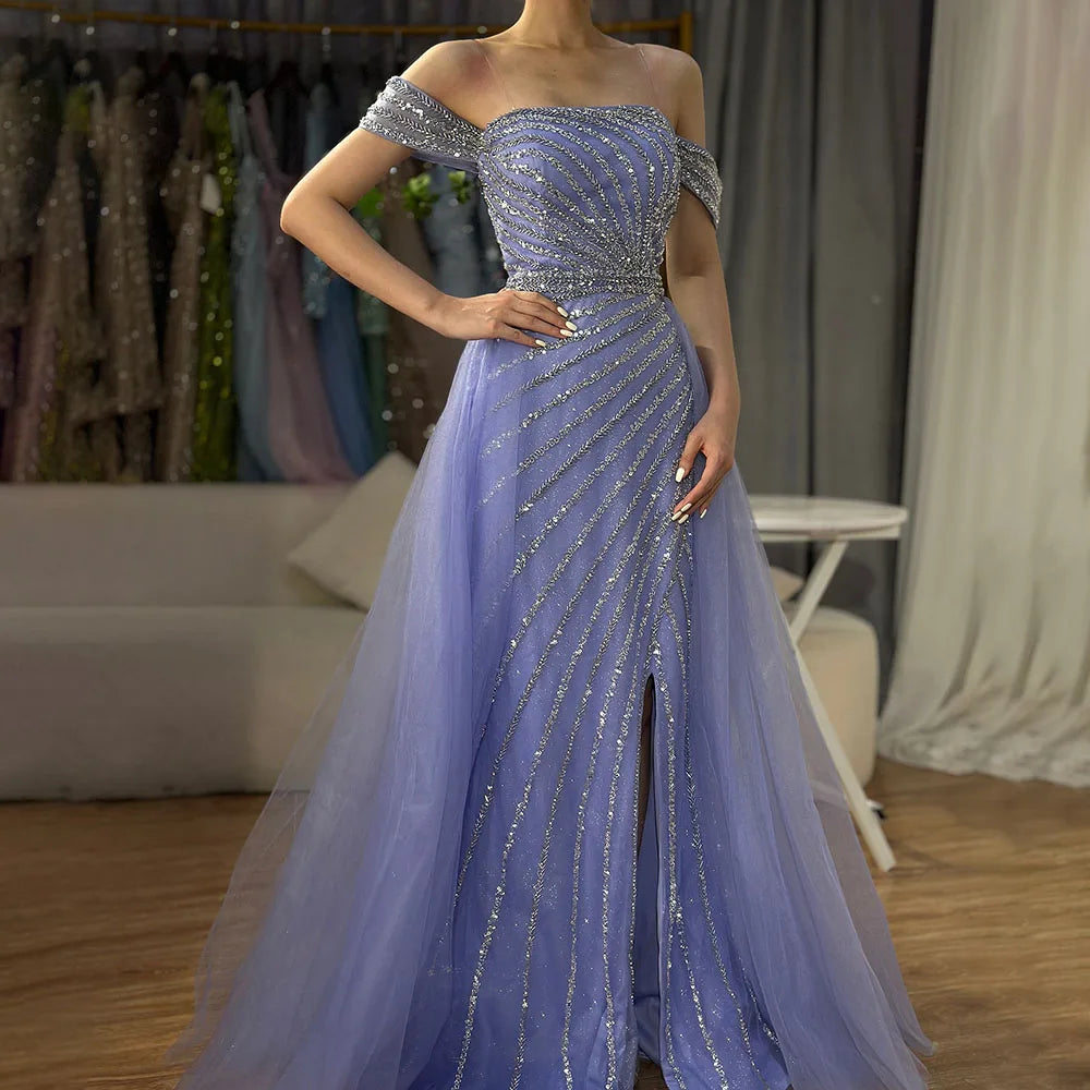 Serene Hill Blue Sexy Boat Neck Split Mermaid Elegant Beaded Arabic Evening Dresses Gowns Customize Wedding Party 2025 BLA71858