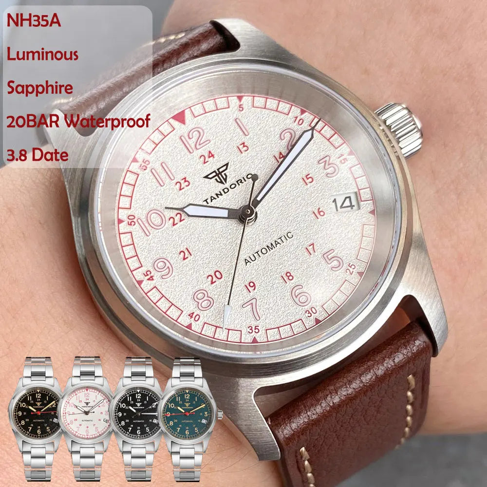Tandorio 20ATM Waterproof Diver 36mm Field Watch Men NH35 Mechanical Movt Black White Dial Luminous Sapphire Glass 3.8 Auto Date