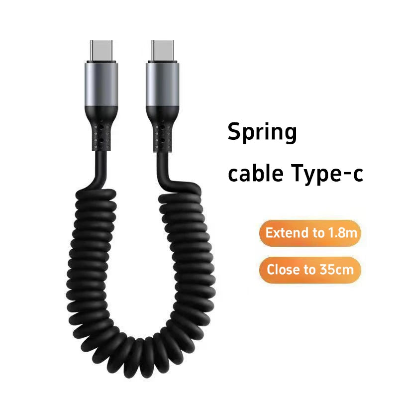 120W 6A USB Type C Data Cable Spring Telescopic Car Phone Charger USB C To Type C PD Fast Charging Cable for iPhone 15/14/13/12