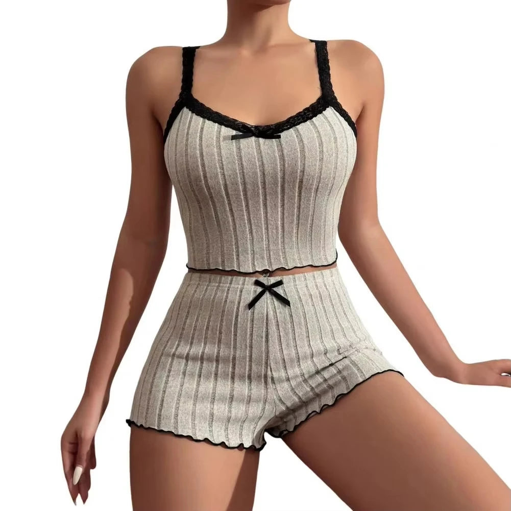 Suit Suspender Shorts Sexy Bow Print Milk Silk Suit Comfortable Home Wear Women's Pajama Suit