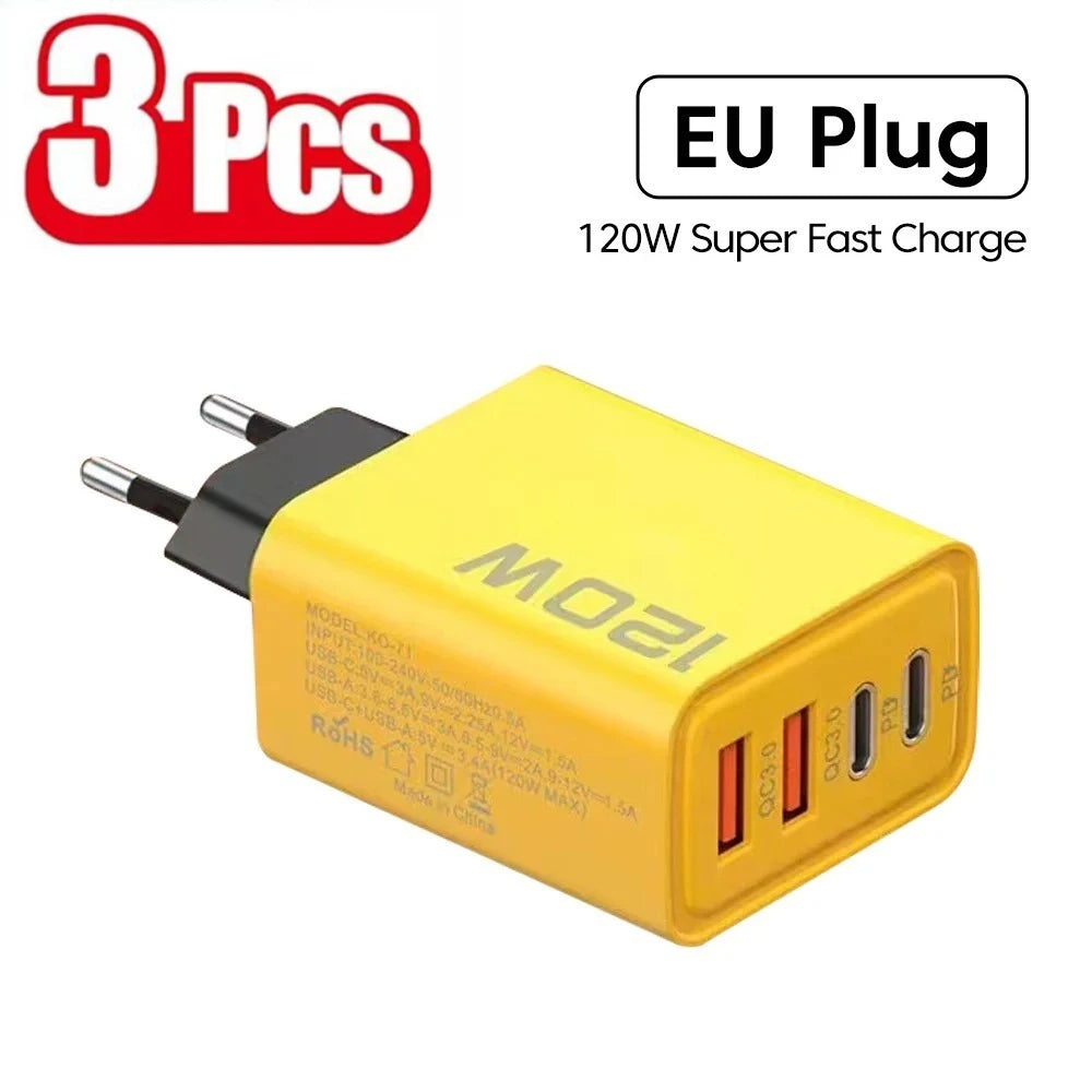 Total 120W USB Fast Charger 4Port PD Quick Charging USB 3.0 Type C EU US Plug Charger For Xiaomi iPhone 15 Pro Max Wall Adapter