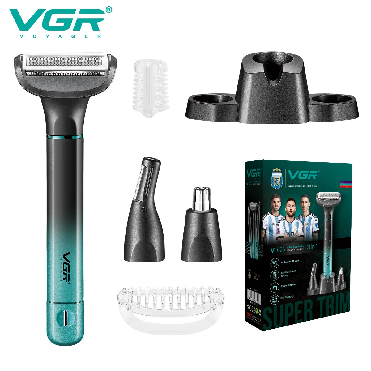 VGR 3in-1 Men's Personal Hair Trimming Set Rechargeable Professional Foil Shaver Portable Nose Hair Ear Hair Eyebrow Trimmer